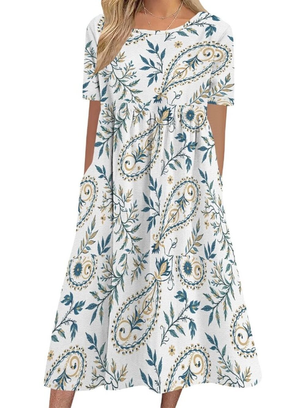 Women's White Green Leaves Sleeve Crewneck Floral Print Casual Mode Maxi Dress